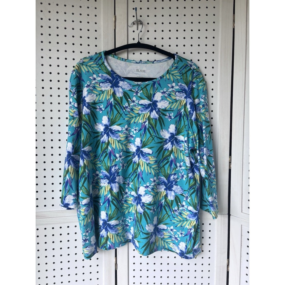 Blair 3/4 SLV Green Aqua Blue Tropical Floral Women's XL Cotton Poly Tee Shirt